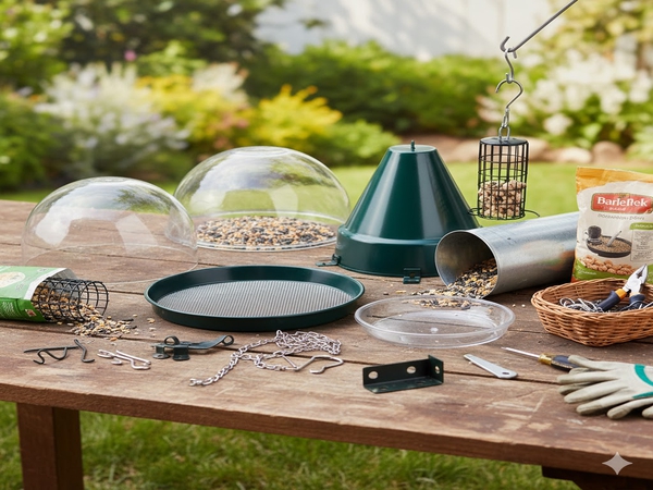 A collection of different bird feeder accessories like baffles and weather guards
